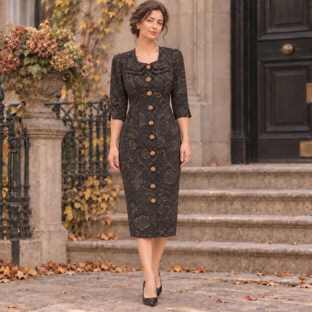 Vintage Atina by Karon Crosby Black Gold Floral Jacquard Button Front Midi Dress